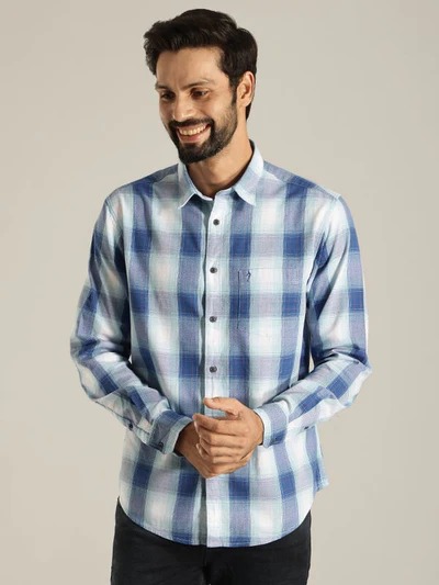Indian Terrain Men's Slim Fit Full Sleeve Checkered Blue Shirt
